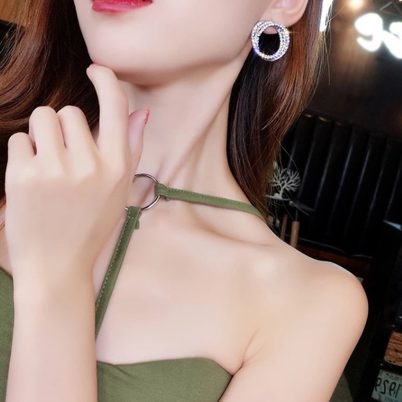 Gold Tone Rhinestone Circle Earrings - Picture 3 of 5